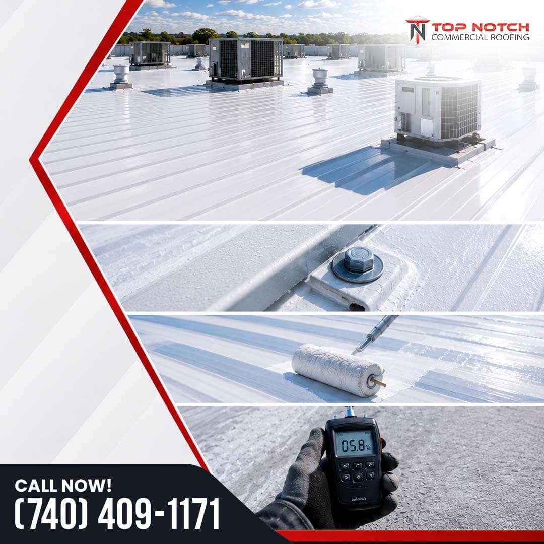 A collage showing a bright white commercial flat roof with HVAC units, a sealed structural fastener, a paint roller applying white roof coating, and a worker using a digital moisture meter.