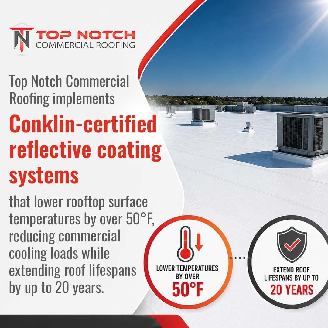 Top Notch Commercial Roofing advertisement detailing their Conklin-certified reflective coating systems designed to lower rooftop surface temperatures by over 50°F, reduce commercial cooling loads, and extend roof lifespans by up to 20 years.