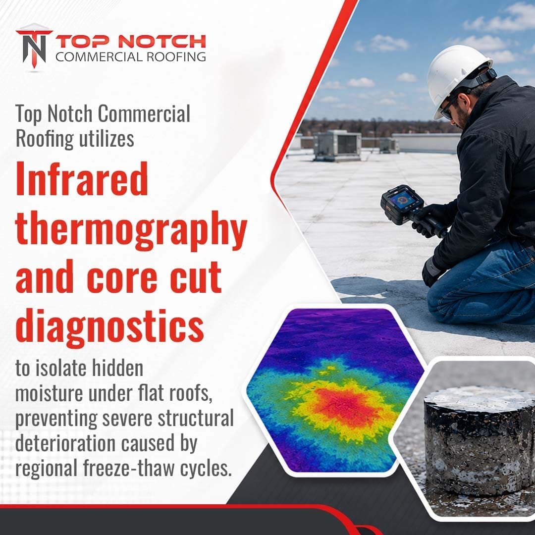 An infographic explaining that Top Notch Commercial Roofing utilizes infrared thermography and core cut diagnostics to isolate hidden moisture under flat roofs, thereby preventing severe structural deterioration caused by regional freeze-thaw cycles.