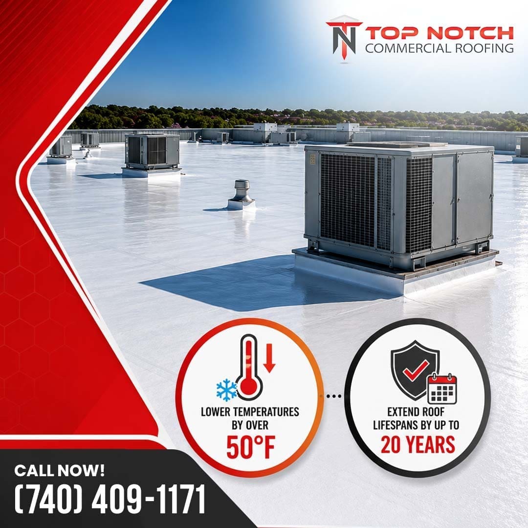 A pristine white commercial flat roof with HVAC systems, featuring graphics that state the coating lowers temperatures by over 50°F and extends roof lifespans by up to 20 years.
